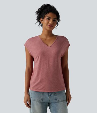 V Neck Short Sleeve Relaxed Heathered Casual T-Shirt