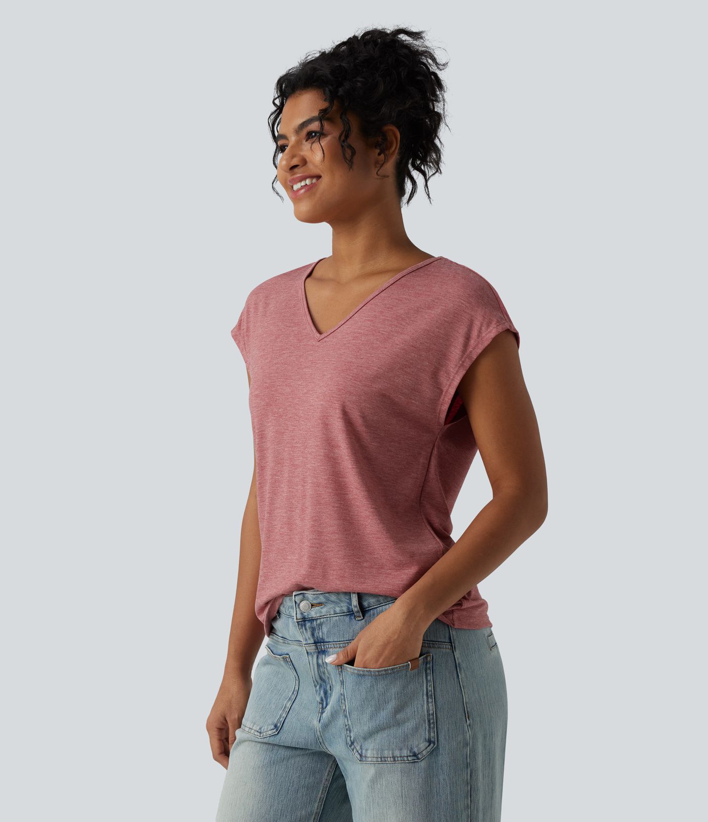 V Neck Short Sleeve Relaxed Heathered Casual T-Shirt