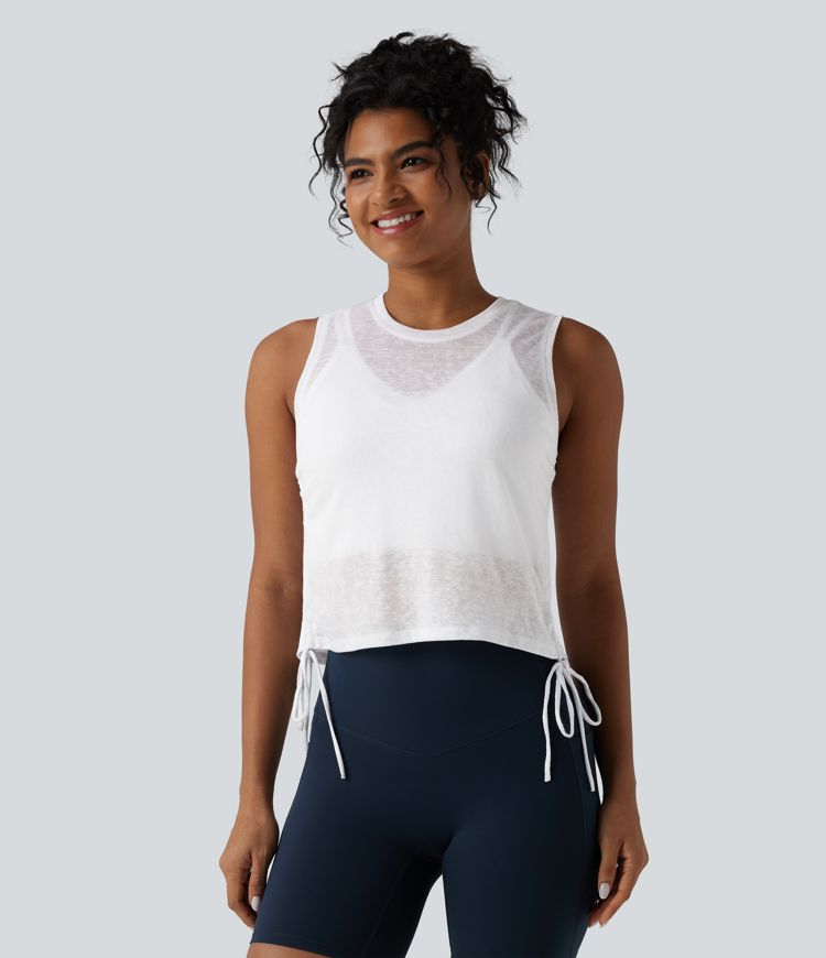 Crossover Cut-out Back Drawstring Hem Workout Tank Top