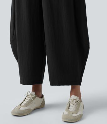 High Waisted Drawstring Barrel Leg Casual Linen-Feel Pants with Pockets