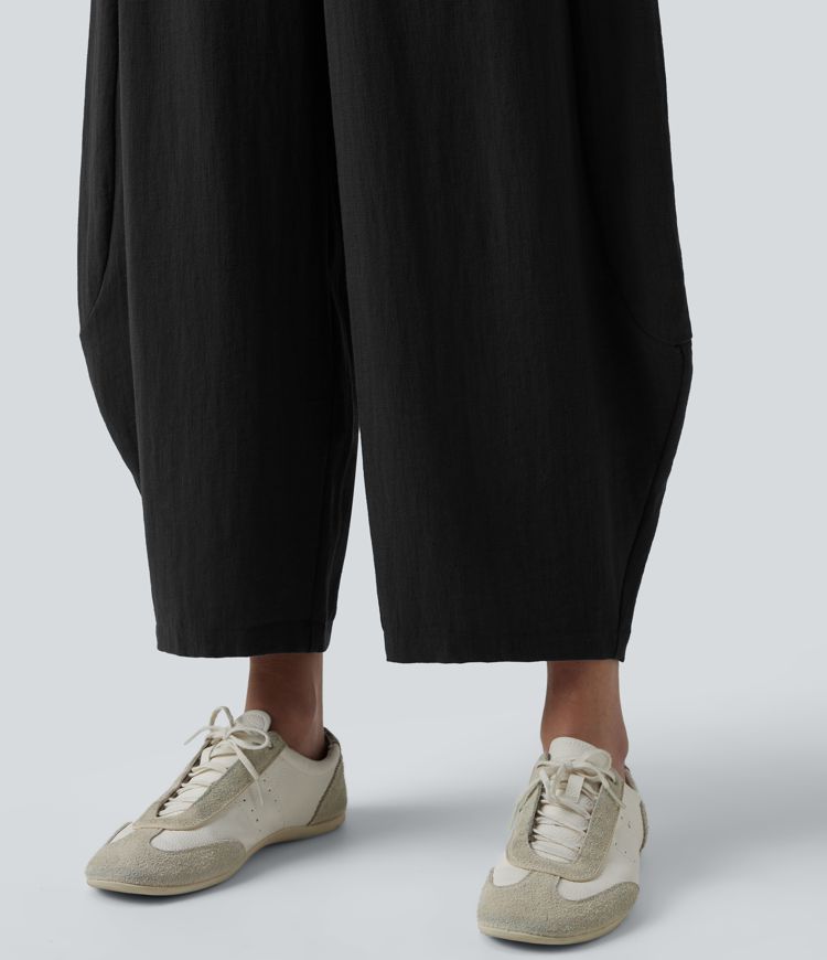 High Waisted Drawstring Barrel Leg Casual Linen-Feel Pants with Pockets