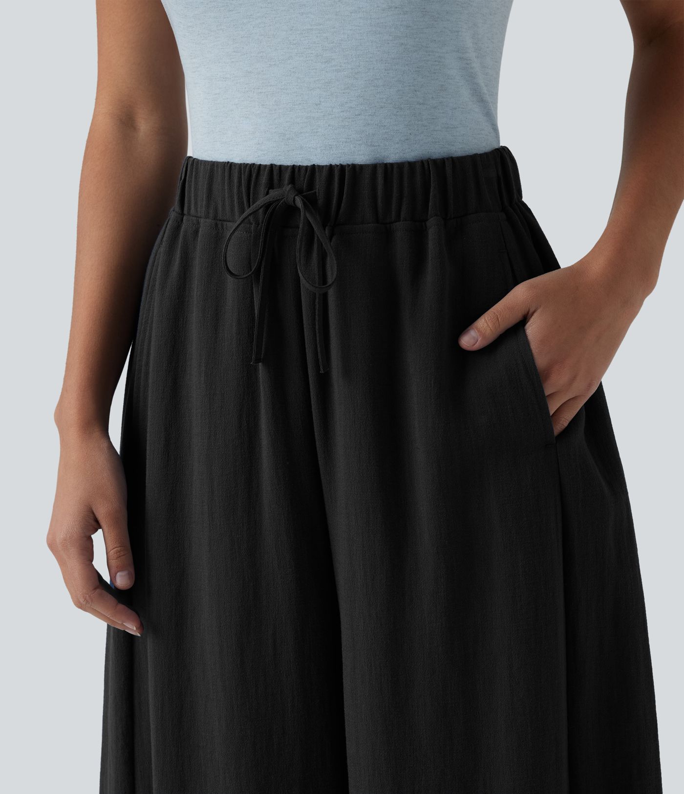 High Waisted Drawstring Barrel Leg Casual Linen-Feel Pants with Pockets