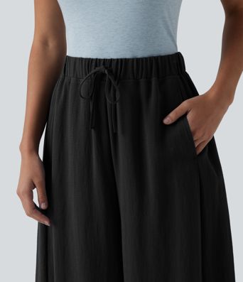 High Waisted Drawstring Barrel Leg Casual Linen-Feel Pants with Pockets