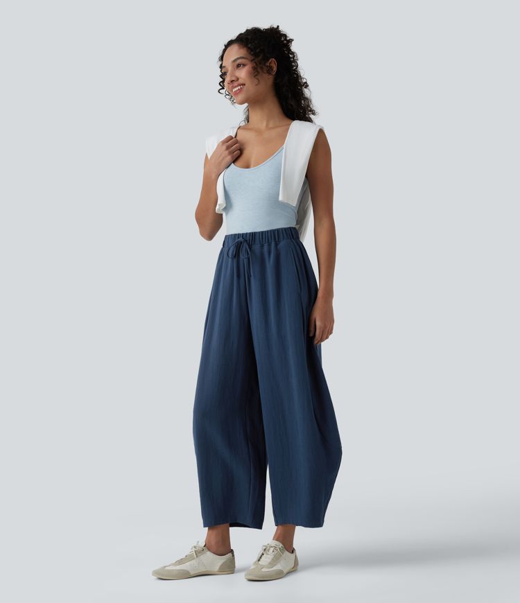 High Waisted Drawstring Barrel Leg Casual Linen-Feel Trousers with Pockets