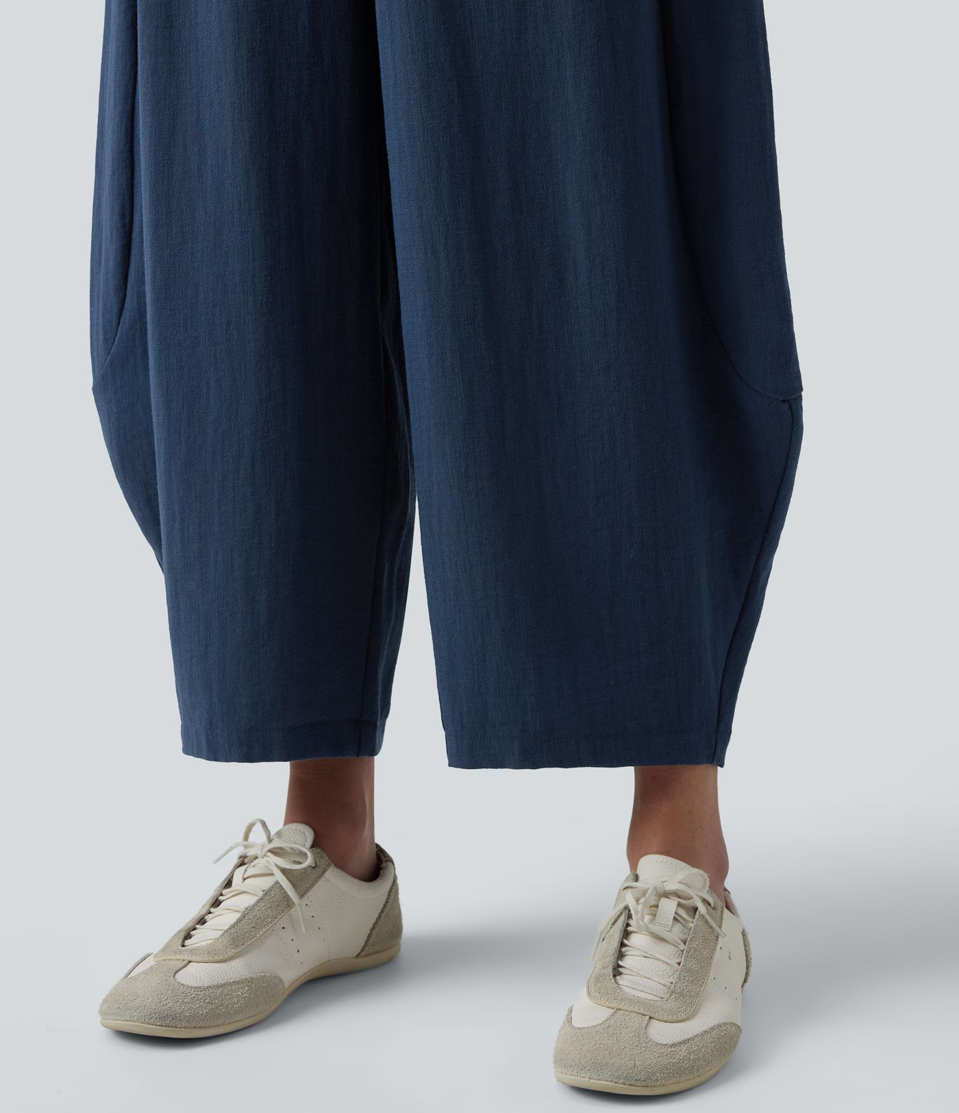High Waisted Drawstring Barrel Leg Casual Linen-Feel Trousers with Pockets