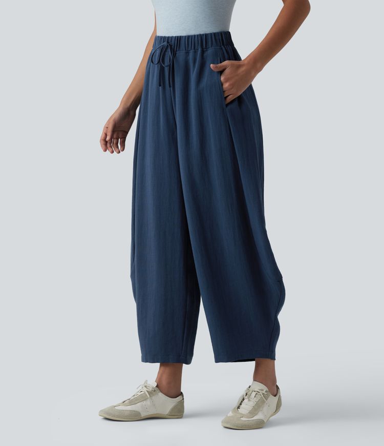High Waisted Drawstring Barrel Leg Casual Linen-Feel Trousers with Pockets