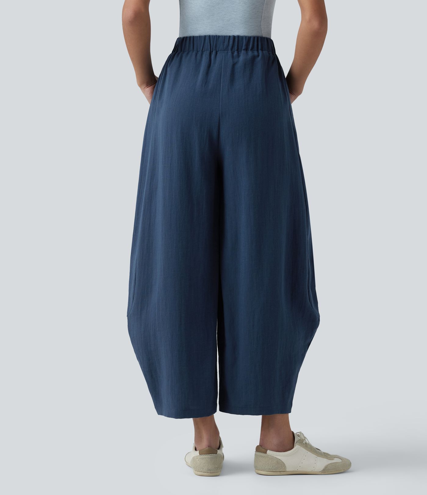High Waisted Drawstring Barrel Leg Casual Linen-Feel Trousers with Pockets