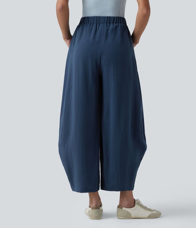 High Waisted Drawstring Barrel Leg Casual Linen-Feel Trousers with Pockets