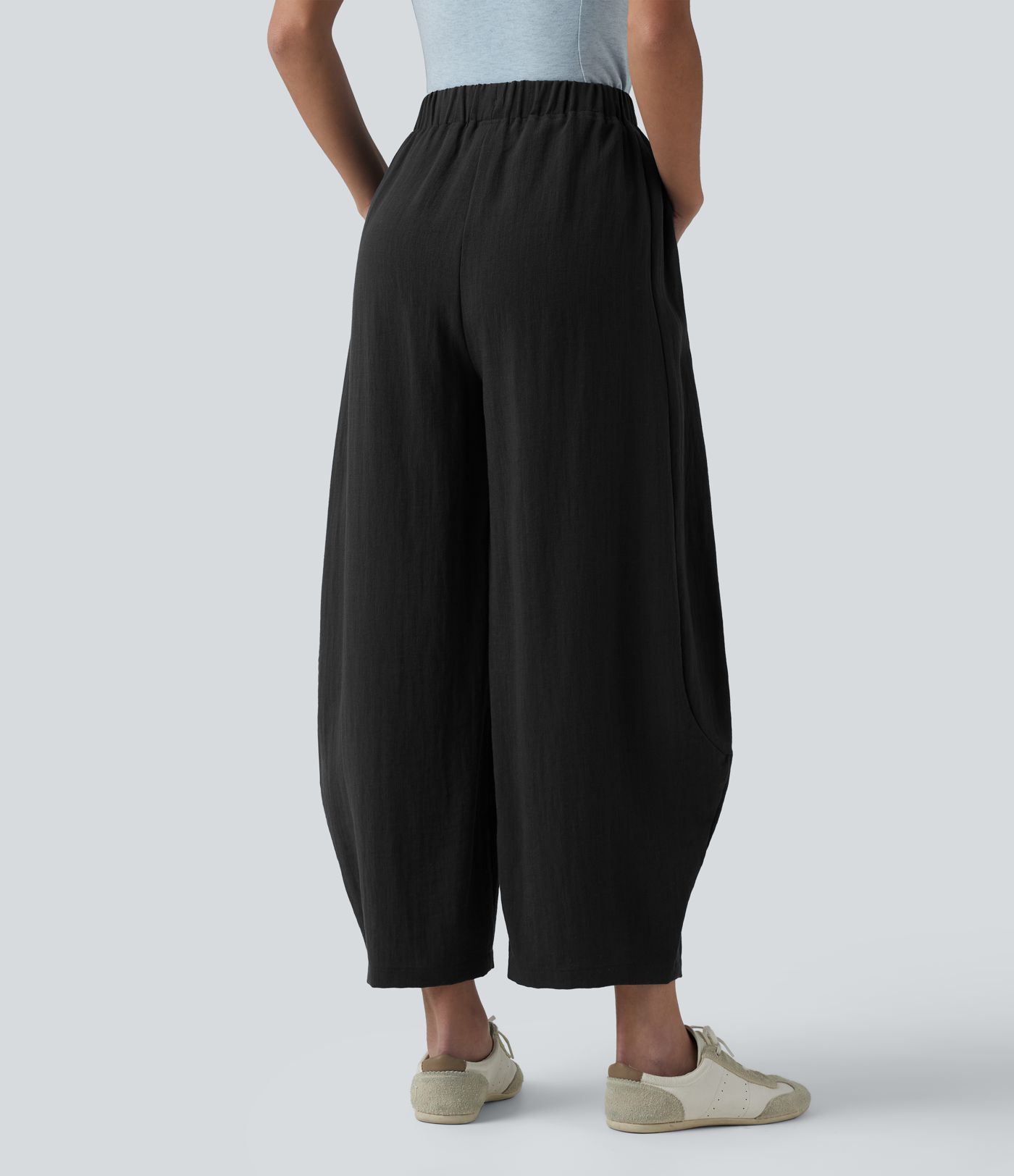 High Waisted Drawstring Barrel Leg Casual Linen-Feel Pants with Pockets