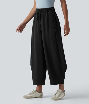 High Waisted Drawstring Barrel Leg Casual Linen-Feel Pants with Pockets