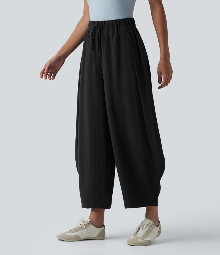 High Waisted Drawstring Barrel Leg Casual Linen-Feel Pants with Pockets