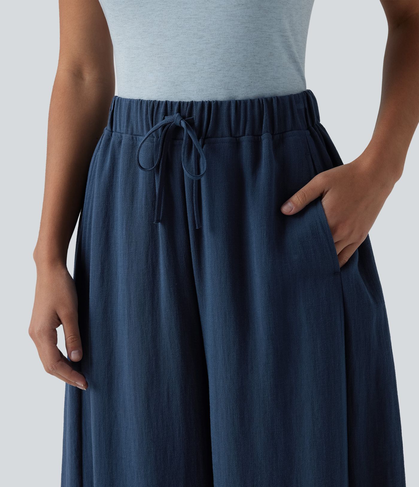 High Waisted Drawstring Barrel Leg Casual Linen-Feel Trousers with Pockets