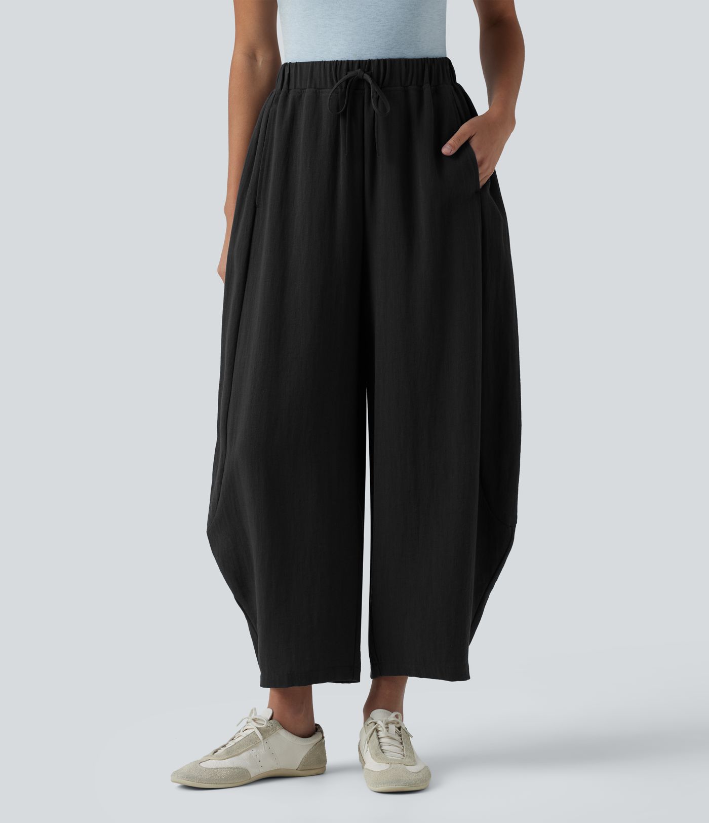 High Waisted Drawstring Barrel Leg Casual Linen-Feel Pants with Pockets