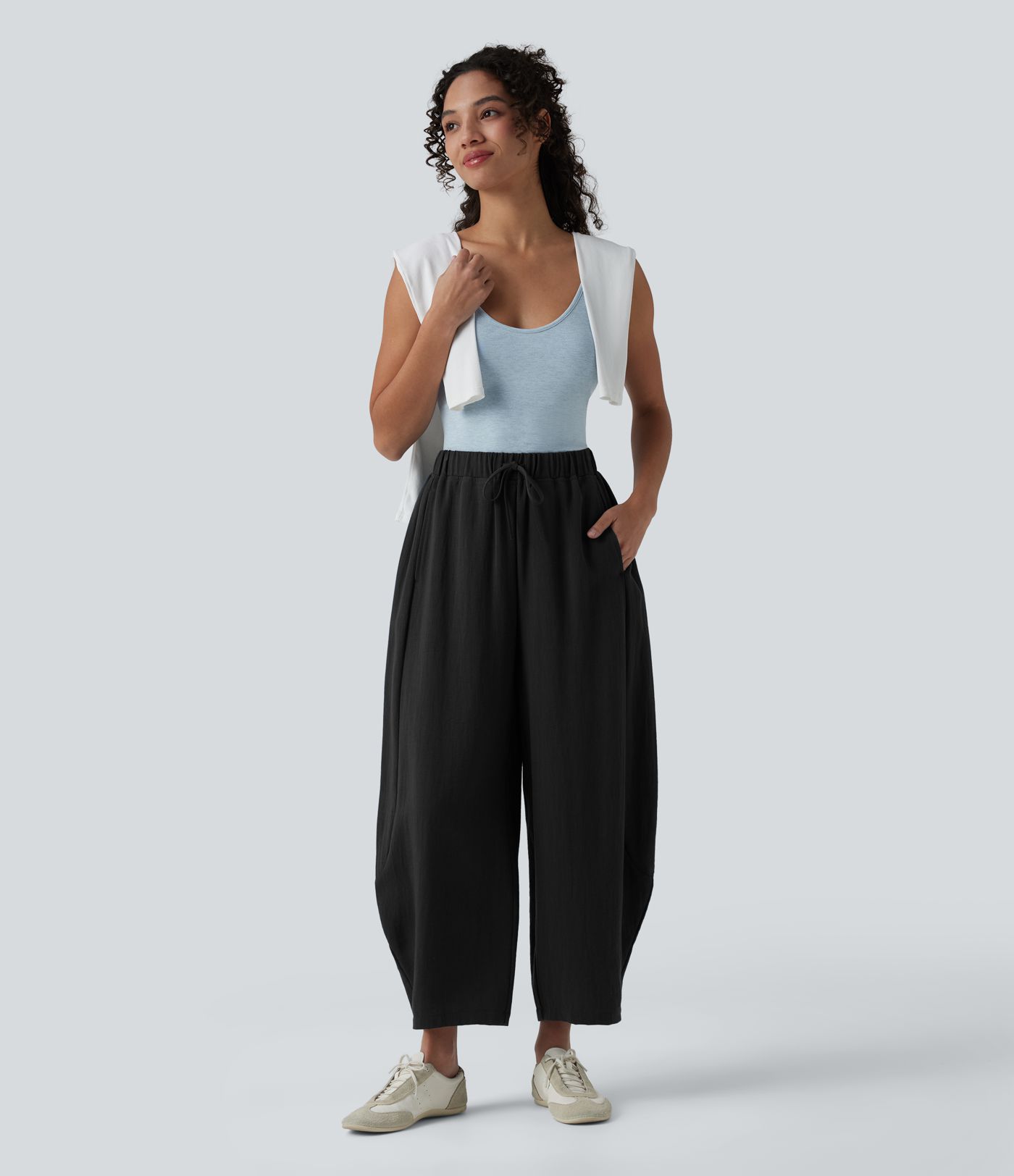 High Waisted Drawstring Barrel Leg Casual Linen-Feel Pants with Pockets