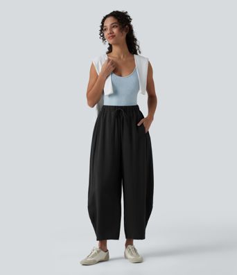 High Waisted Drawstring Barrel Leg Casual Linen-Feel Pants with Pockets