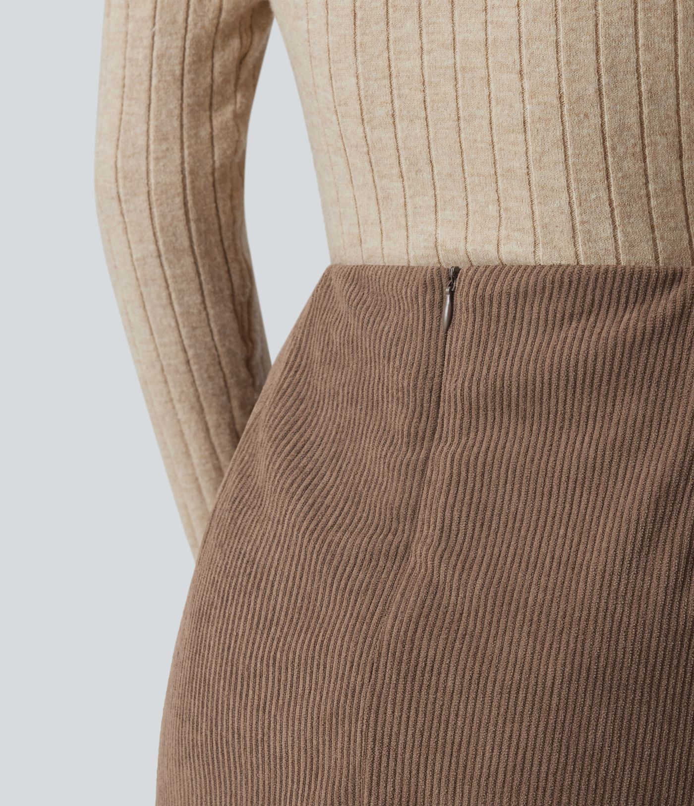 High Waisted Back Zipper Split Hem 2-in-1 Corduroy Casual Skirt-Longer Length