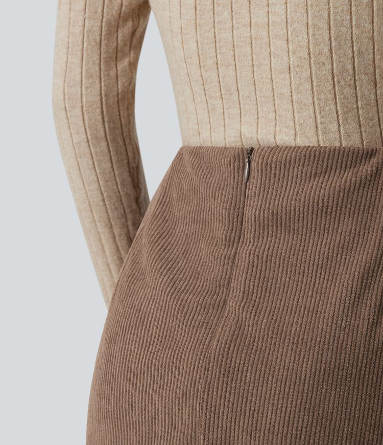 High Waisted Back Zipper Split Hem 2-in-1 Corduroy Casual Skirt-Longer Length