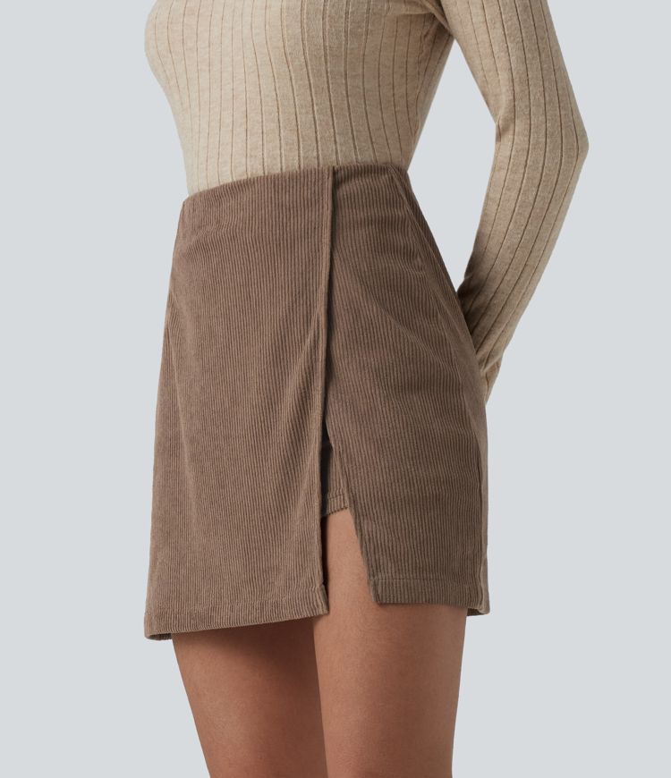 High Waisted Back Zipper Split Hem 2-in-1 Corduroy Casual Skirt-Longer Length