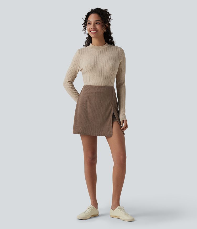 High Waisted Back Zipper Split Hem 2-in-1 Corduroy Casual Skirt-Longer Length