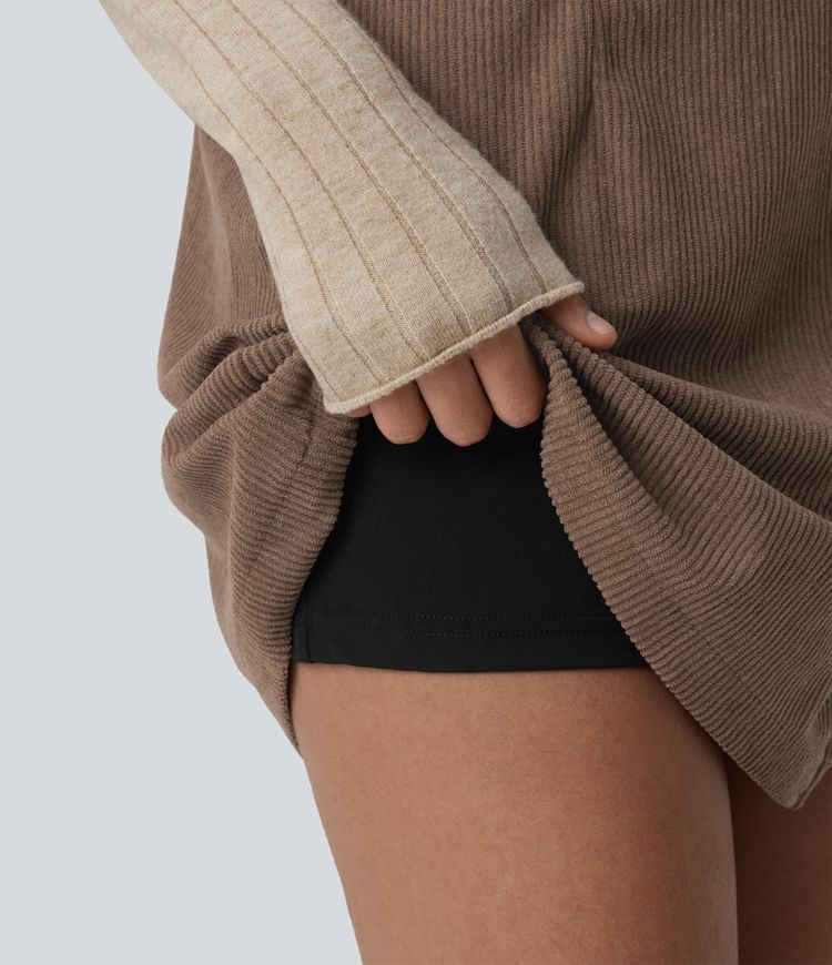 High Waisted Back Zipper Split Hem 2-in-1 Corduroy Casual Skirt-Longer Length