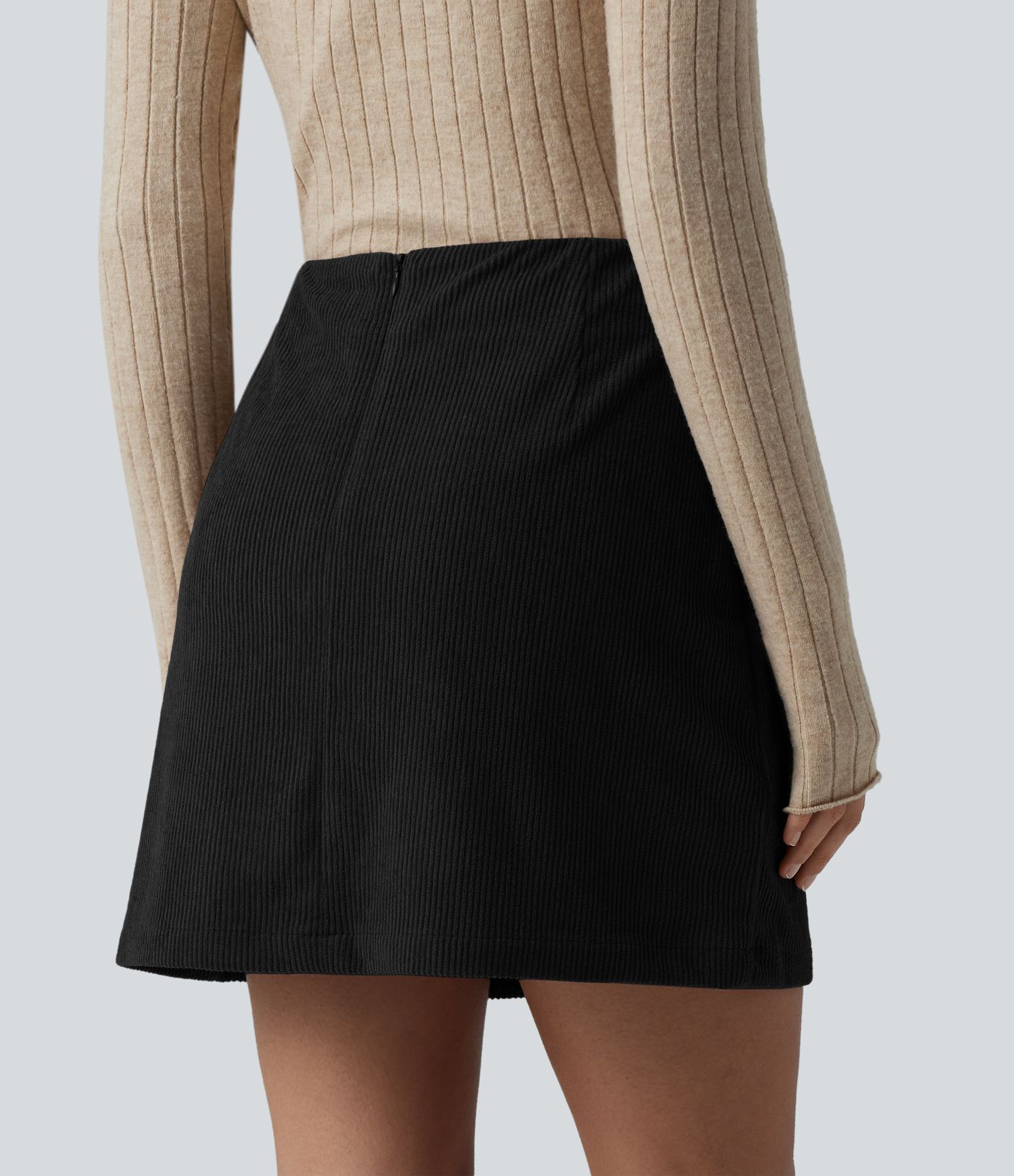 High Waisted Back Zipper Split Hem 2-in-1 Corduroy Casual Skirt-Longer Length