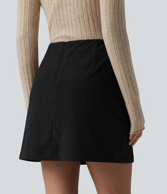 High Waisted Back Zipper Split Hem 2-in-1 Corduroy Casual Skirt-Longer Length