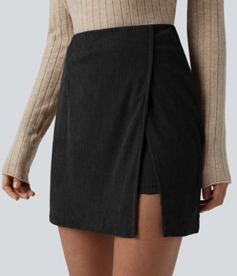 High Waisted Back Zipper Split Hem 2-in-1 Corduroy Casual Skirt-Longer Length