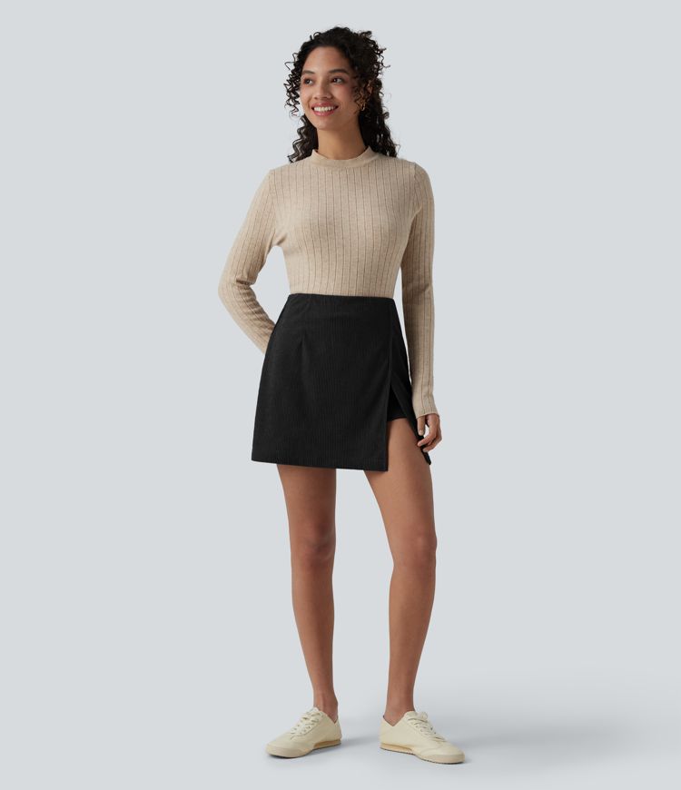 High Waisted Back Zipper Split Hem 2-in-1 Corduroy Casual Skirt-Longer Length