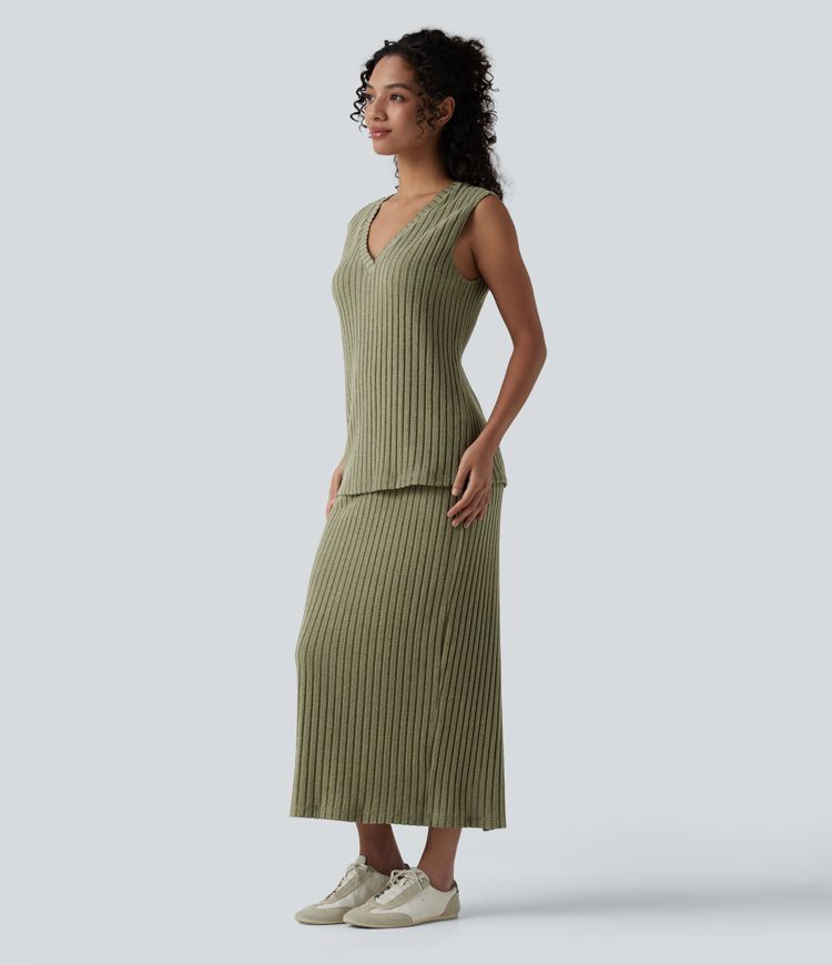 2-Piece Ribbed Knit V Neck Sleeveless Top & High Waisted Midi Casual Skirt Set