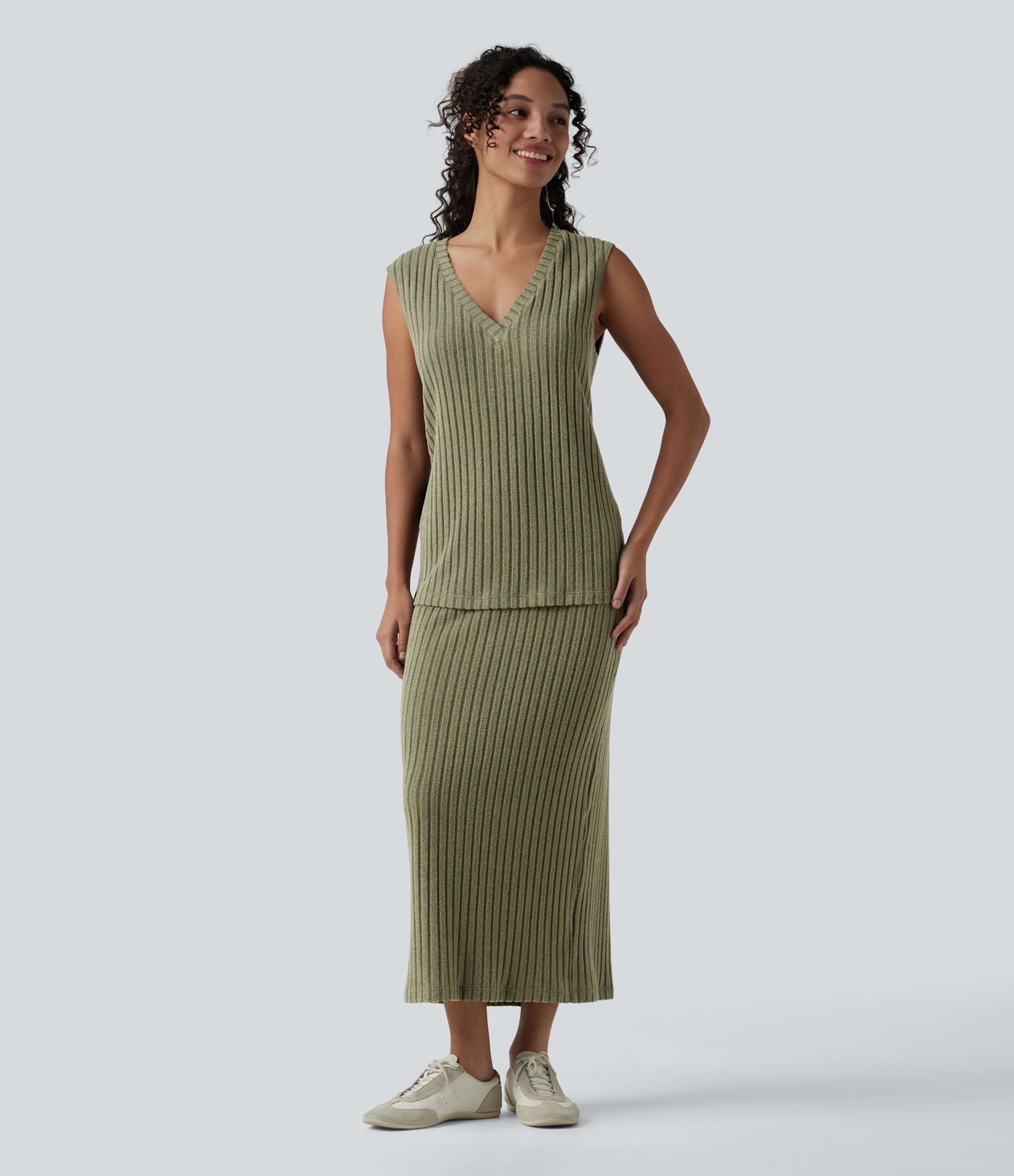 2-Piece Ribbed Knit V Neck Sleeveless Top & High Waisted Midi Casual Skirt Set