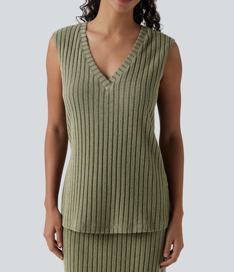 2-Piece Ribbed Knit V Neck Sleeveless Top & High Waisted Midi Casual Skirt Set