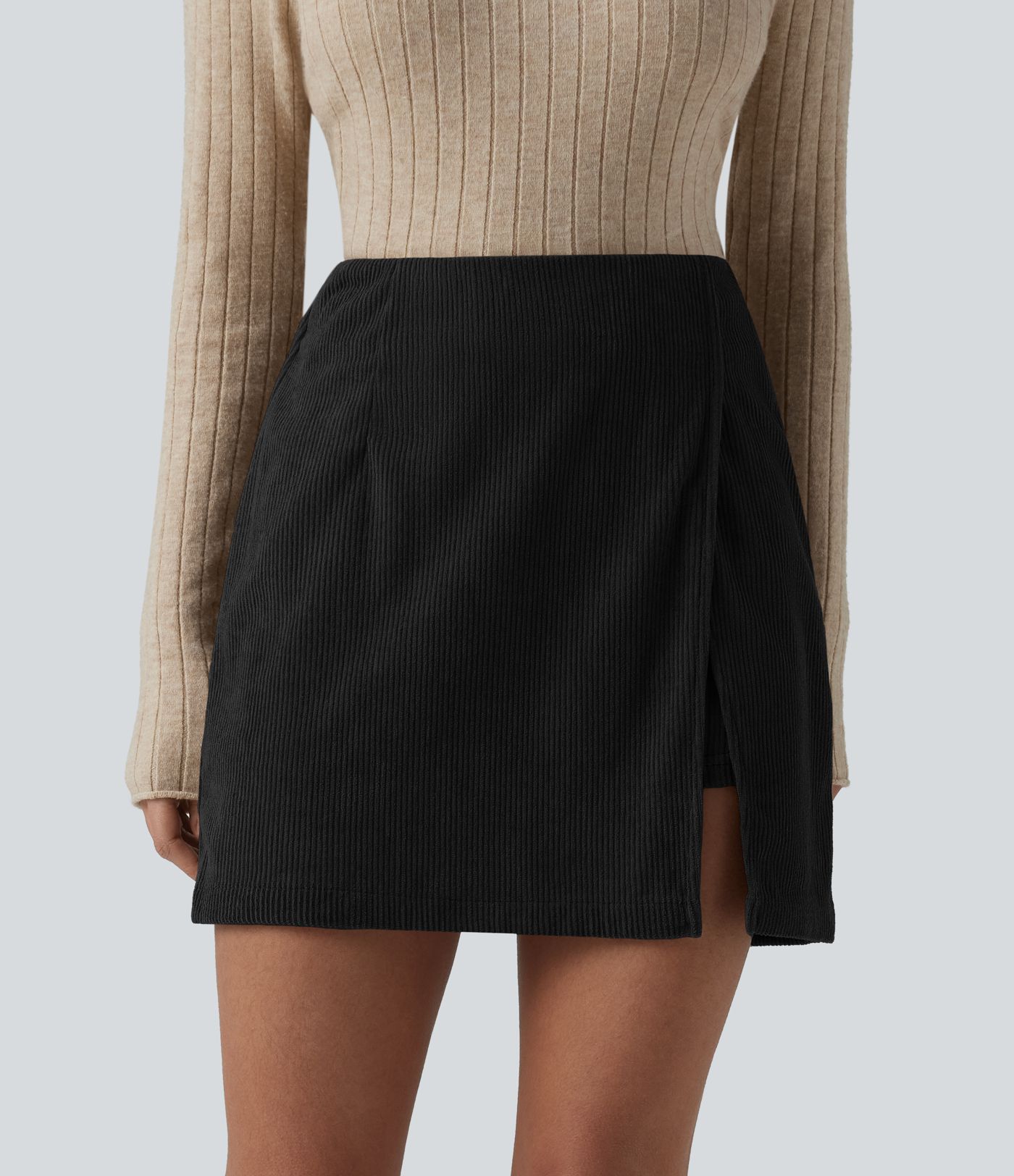 High Waisted Back Zipper Split Hem 2-in-1 Corduroy Casual Skirt-Longer Length