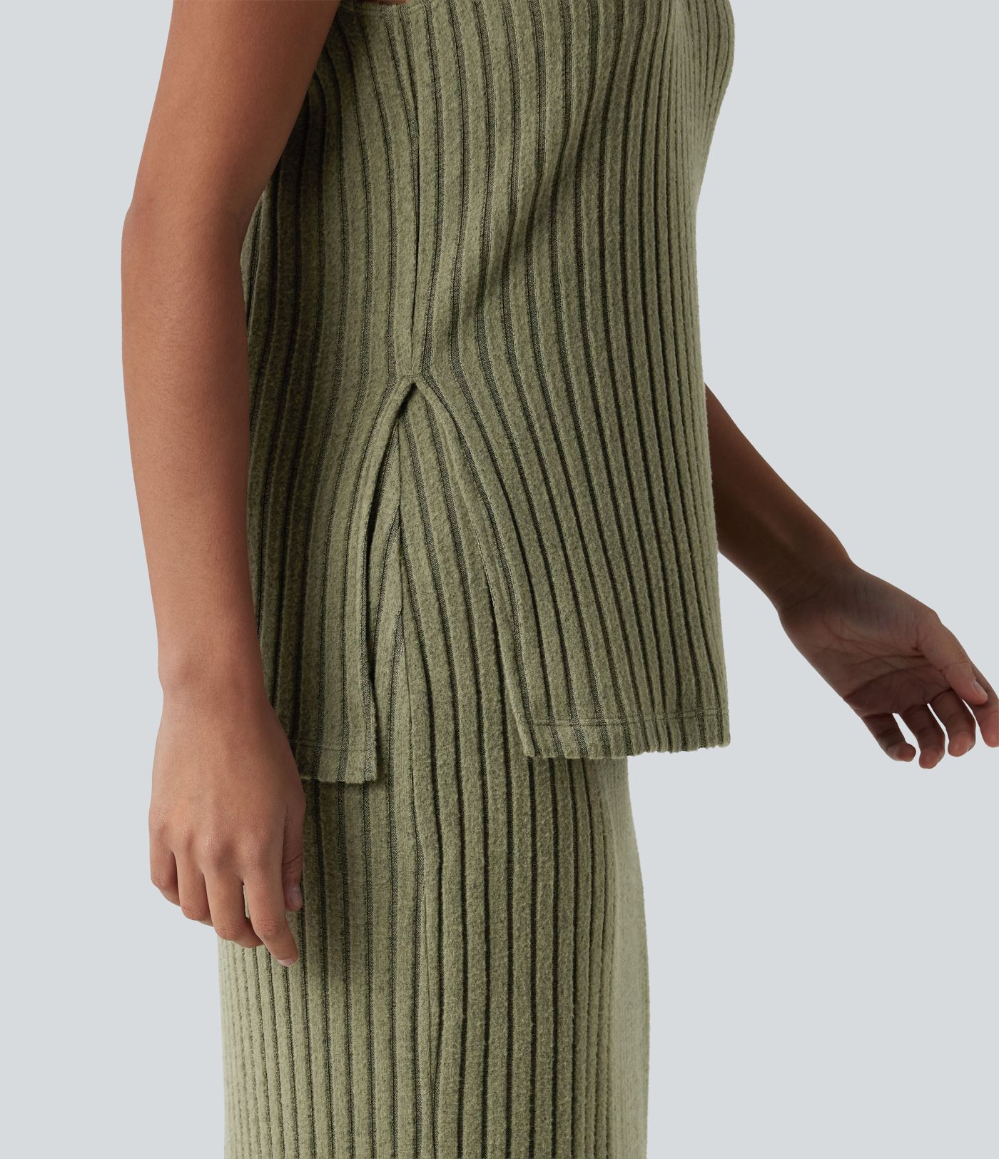 2-Piece Ribbed Knit V Neck Sleeveless Top & High Waisted Midi Casual Skirt Set