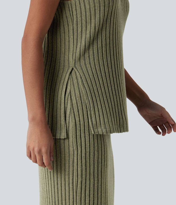 2-Piece Ribbed Knit V Neck Sleeveless Top & High Waisted Midi Casual Skirt Set