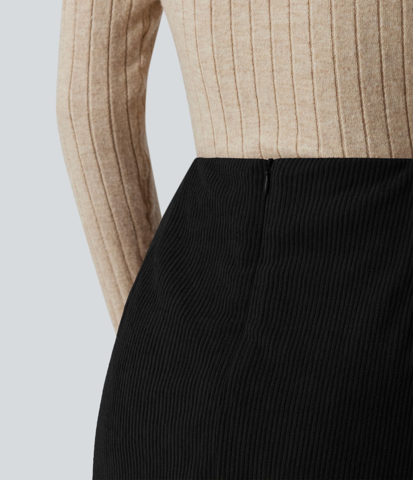 High Waisted Back Zipper Split Hem 2-in-1 Corduroy Casual Skirt-Longer Length