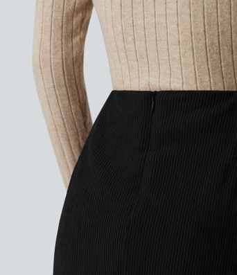 High Waisted Back Zipper Split Hem 2-in-1 Corduroy Casual Skirt-Longer Length