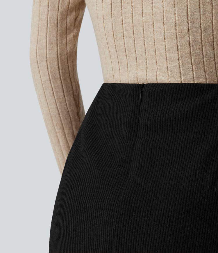 High Waisted Back Zipper Split Hem 2-in-1 Corduroy Casual Skirt-Longer Length
