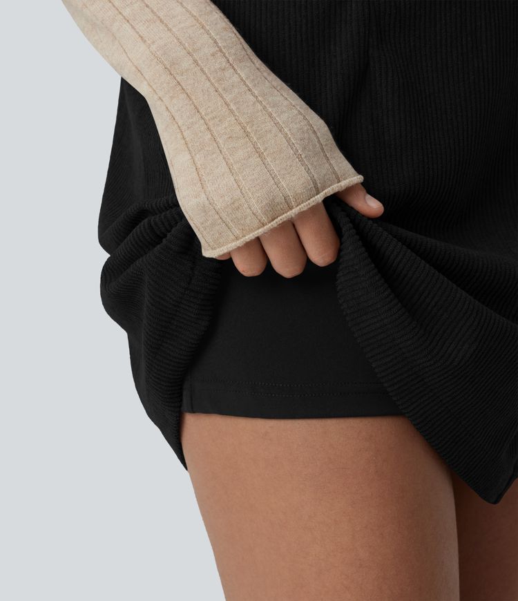 High Waisted Back Zipper Split Hem 2-in-1 Corduroy Casual Skirt-Longer Length