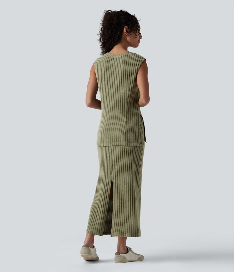2-Piece Ribbed Knit V Neck Sleeveless Top & High Waisted Midi Casual Skirt Set