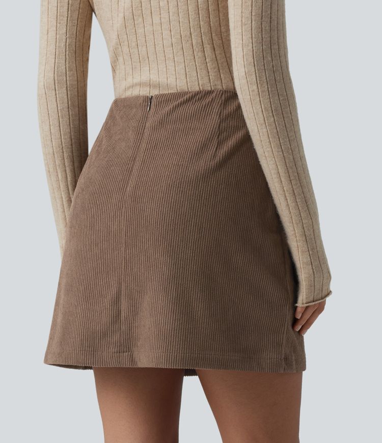 High Waisted Back Zipper Split Hem 2-in-1 Corduroy Casual Skirt-Longer Length