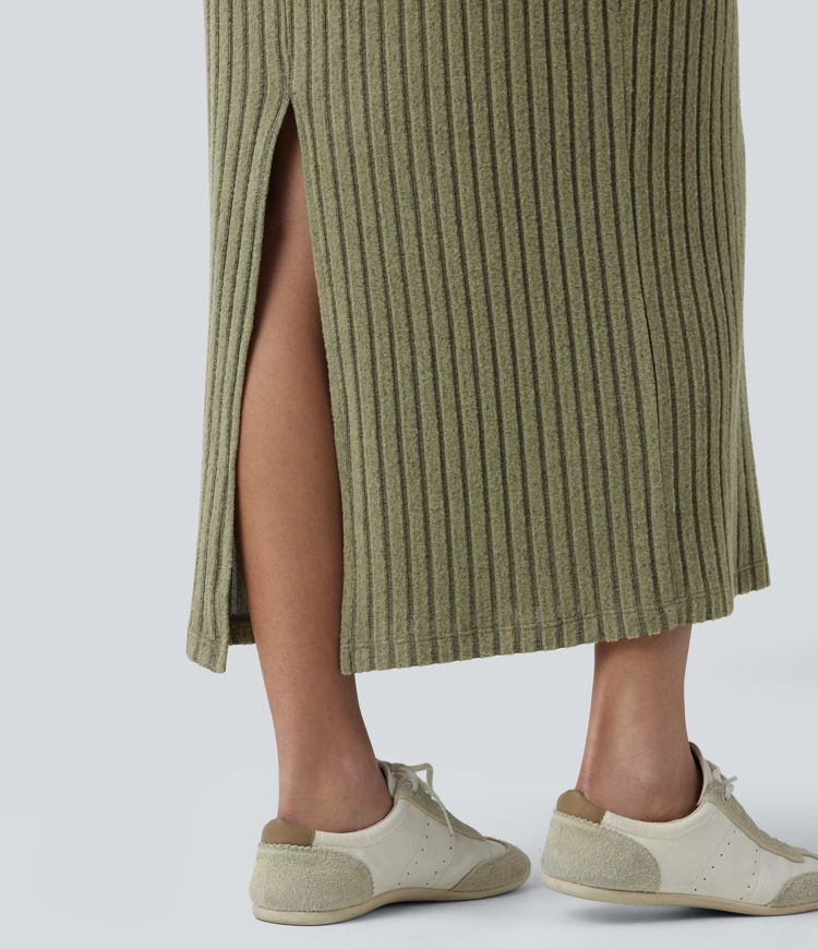 2-Piece Ribbed Knit V Neck Sleeveless Top & High Waisted Midi Casual Skirt Set