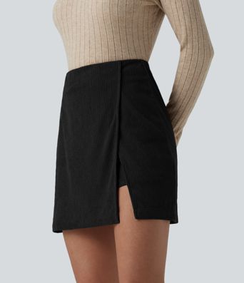 High Waisted Back Zipper Split Hem 2-in-1 Corduroy Casual Skirt-Longer Length