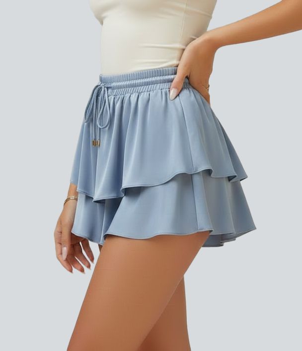 Wrinkle-resistant Mid Rise Drawstring Layered Ruffle Hem Lounge Shorts