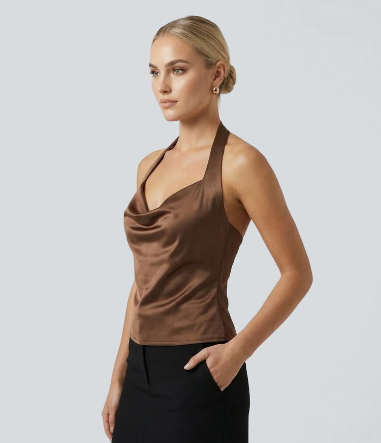 Party-Neckholder-Top mit Wasserfallausschnitt aus satinähnlichem Stoff und Schal