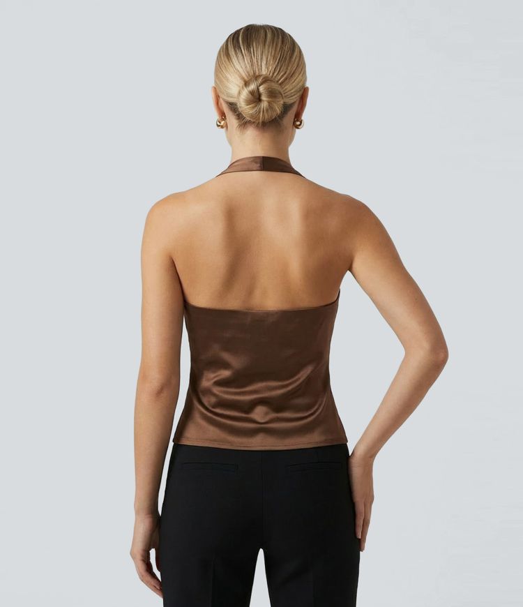 Party-Neckholder-Top mit Wasserfallausschnitt aus satinähnlichem Stoff und Schal