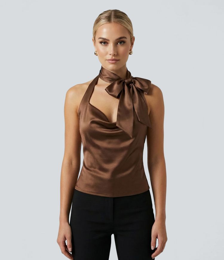 Party-Neckholder-Top mit Wasserfallausschnitt aus satinähnlichem Stoff und Schal