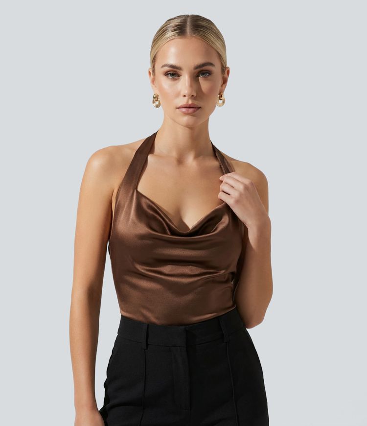 Party-Neckholder-Top mit Wasserfallausschnitt aus satinähnlichem Stoff und Schal