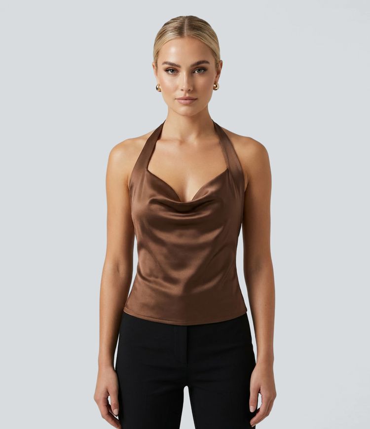 Party-Neckholder-Top mit Wasserfallausschnitt aus satinähnlichem Stoff und Schal