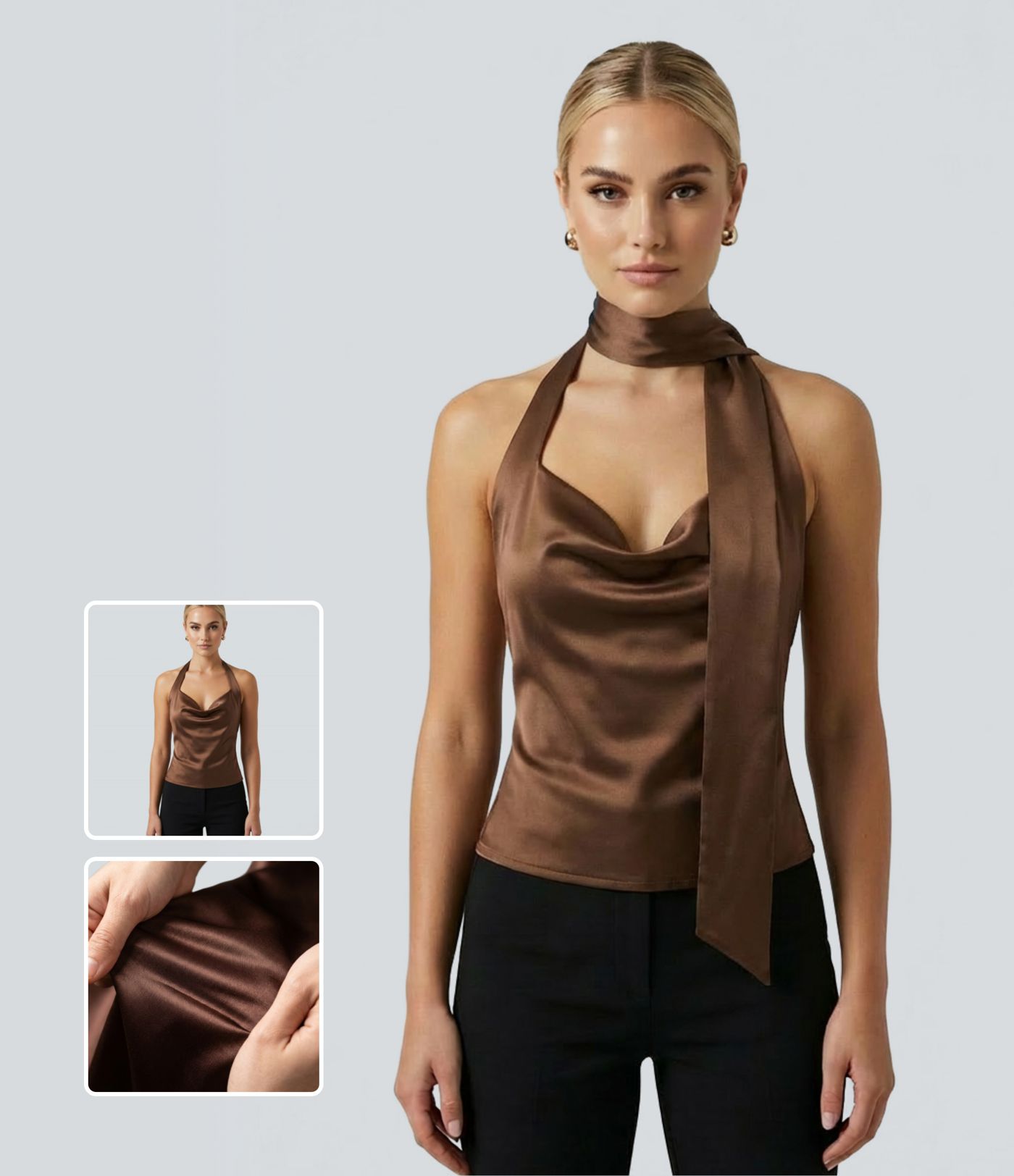 Party-Neckholder-Top mit Wasserfallausschnitt aus satinähnlichem Stoff und Schal