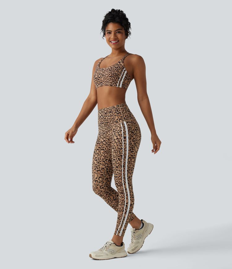 Halara UltraSculpt™ Leopard Print High Waisted Tummy Control Color Block Stripes Training 7/8 Leggings with Pockets